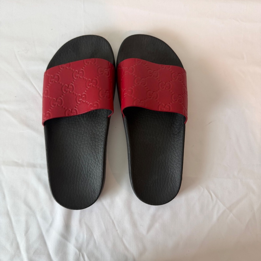 Gucci Pursuit Slides Red Black GG Monogram Rubber Sandals Womens Size 5 6